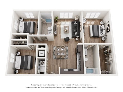 Floor plan for 3 beds, 2 baths, 1044 sqft